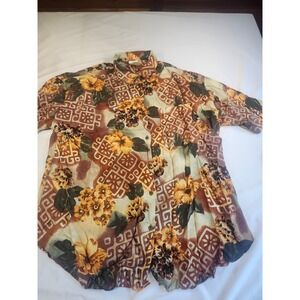 Touche LA Womens Plus Size 20W Rayon Floral Geometric Button Up Shirt Brown Tan
